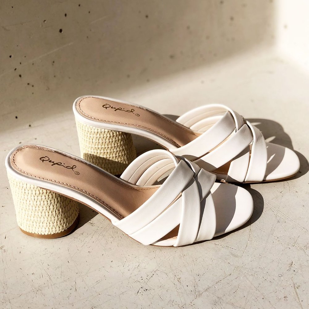 NEW Multi Crisscross Straps Natural Raffia Oval Block Heel Slip On Slide Sandals - Picture 2 of 12
